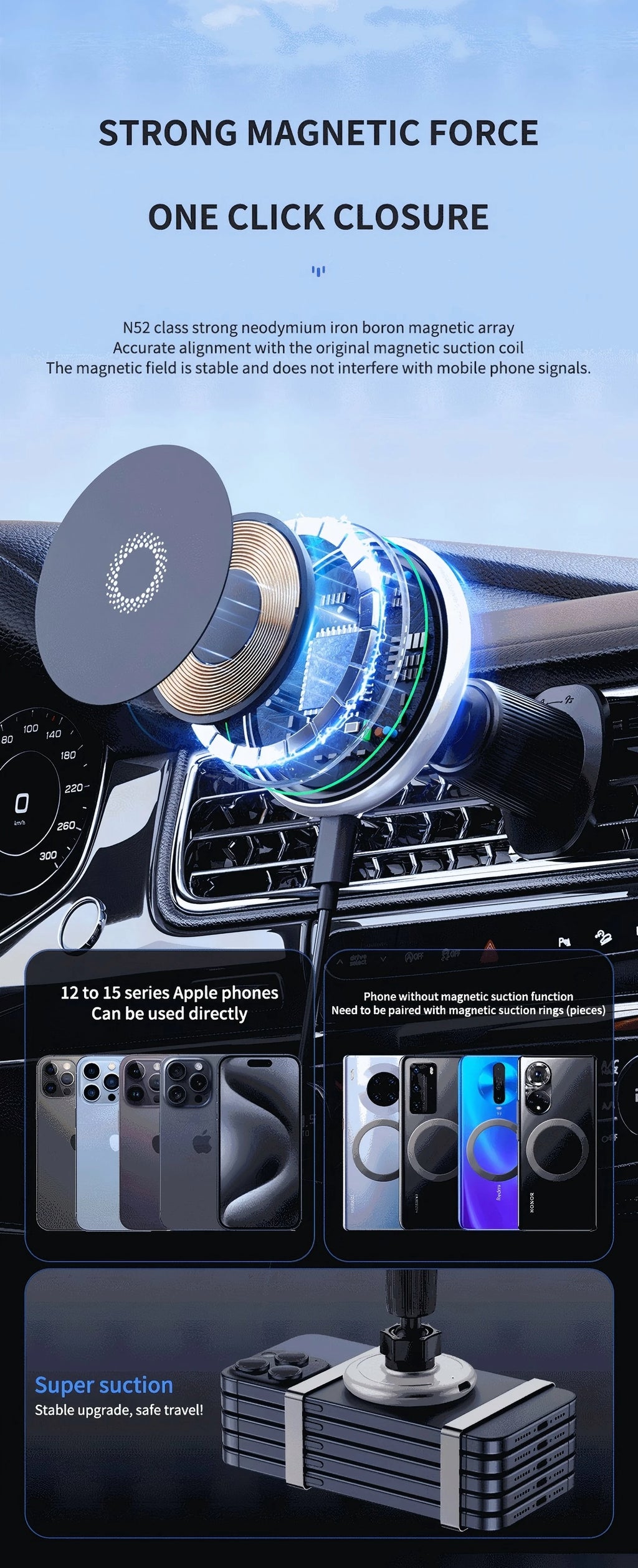 15W Magnetic Car Phone Holder Mount Charger Fast Wireless Car Charger for Air Vent Mount Anti-Shake Strong Magnet Car Support