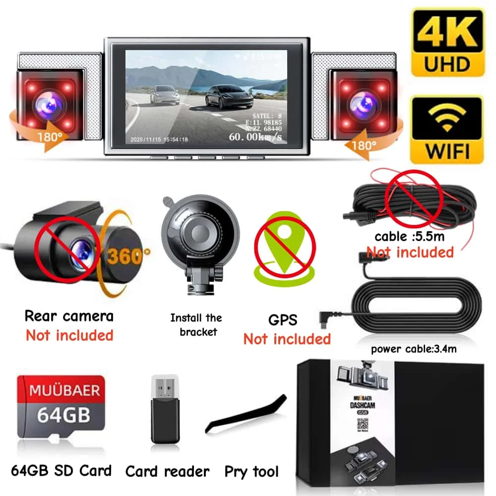 4K 360° Panoramic Dash Cam, 4-Channel Front/Rear/Left/Right Camera with 5.8GHz WiFi GPS, 3" IPS Screen, 64GB Card Included