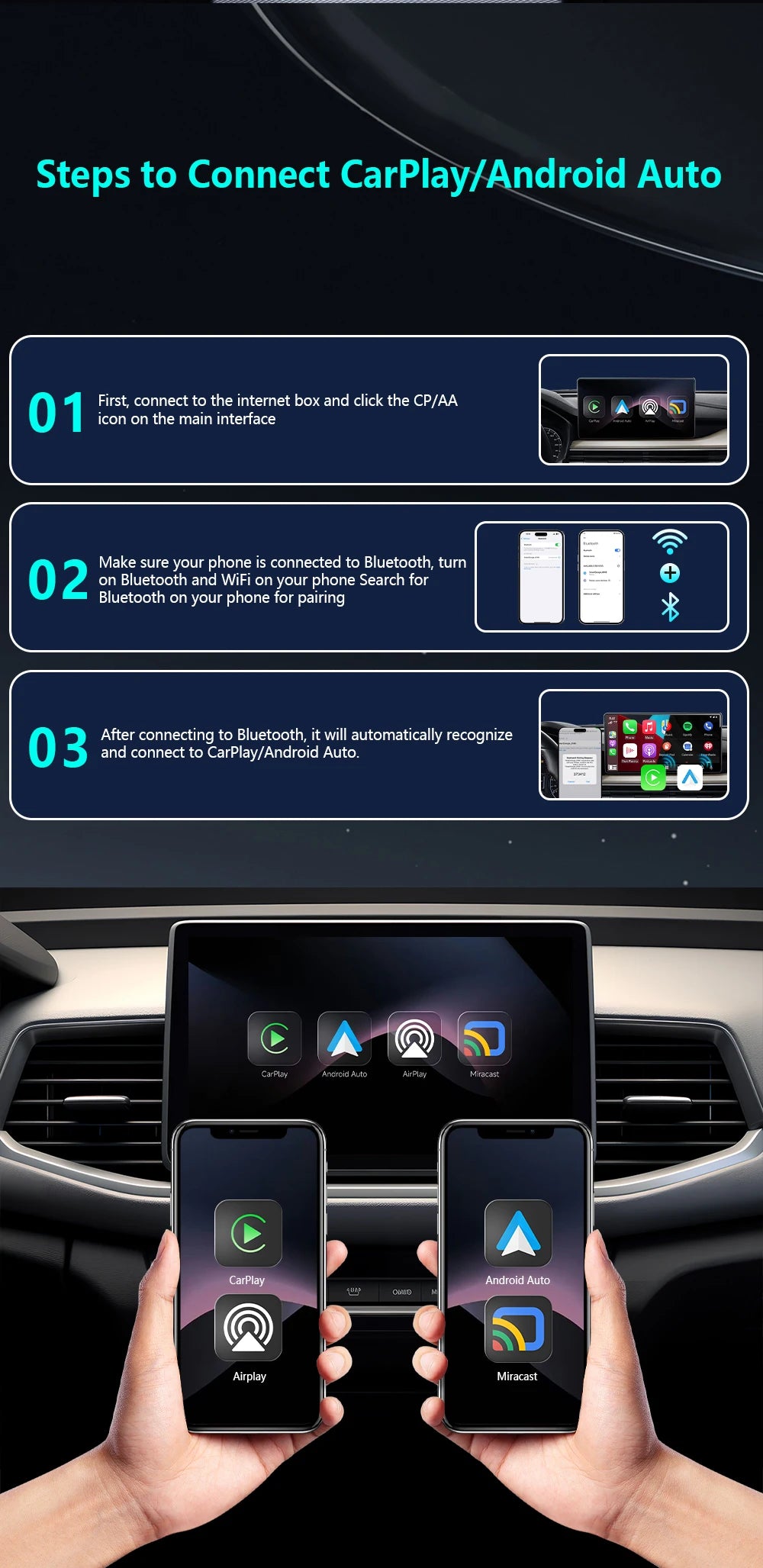 4-in-1 Wireless Carplay Adapter Android Auto Connect Airplay Mirror Link Screen Plug and Play Bluetooth for Apple and Android