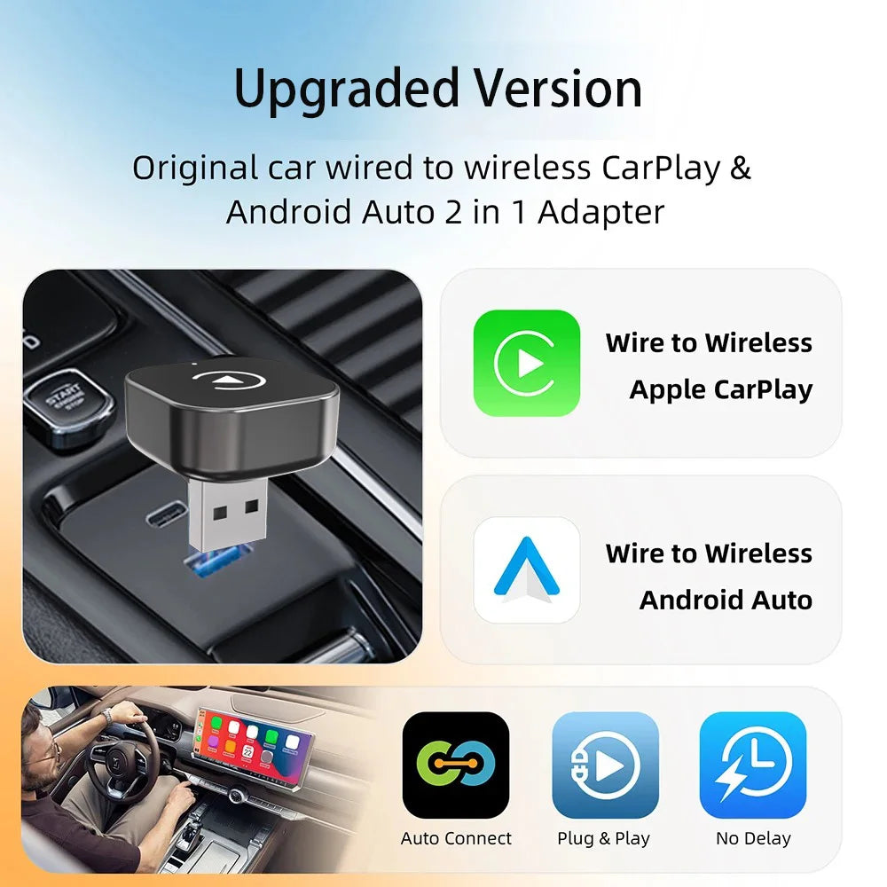 Mini 2-in-1 Wireless Carplay ndroid Auto Adapter for Apple & Android Phone Universal BT Connect for VW Toyota Ford Benz Audi Kia