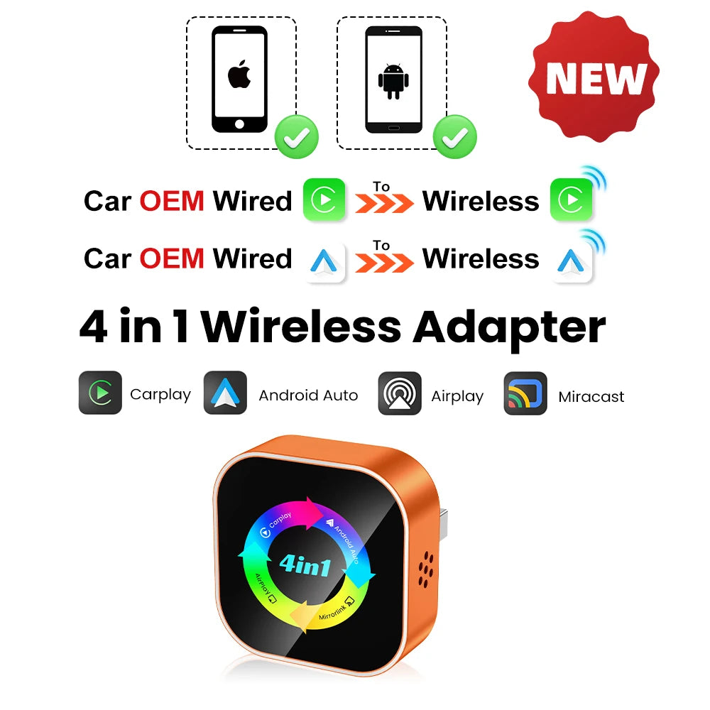 4-in-1 Wireless Carplay Adapter Android Auto Connect Airplay Mirror Link Screen Plug and Play Bluetooth for Apple and Android