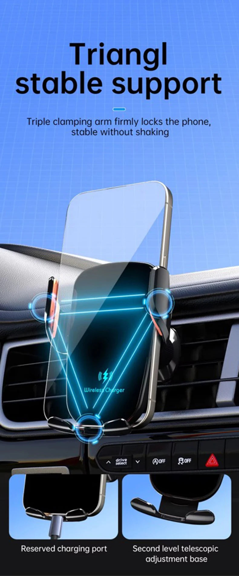 UYUXIO Manual Clamp Wireless Car Charger 15 Fast Charging Air Vent Car Mount Phone Holder for iPhone Samsung Android Phone