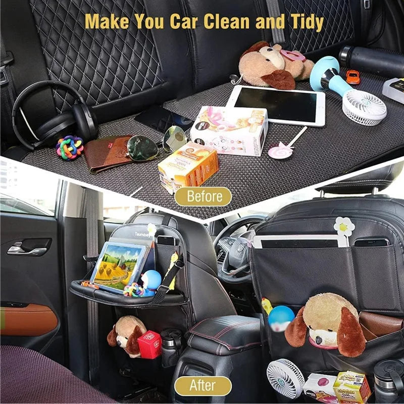 Car Seat Back Organizer with Foldable Table Tray PU Leather Storage Organizer Pockets Kick Mats Seat Interior Accessories