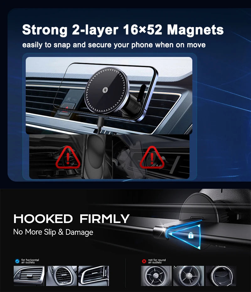 UYUXIO Magnet Wireless Car Charger 15W Fast Charging Magnetic Car Mount Phone Holder Air Vent for iPhone 16 15 14 13 Pro Max 12