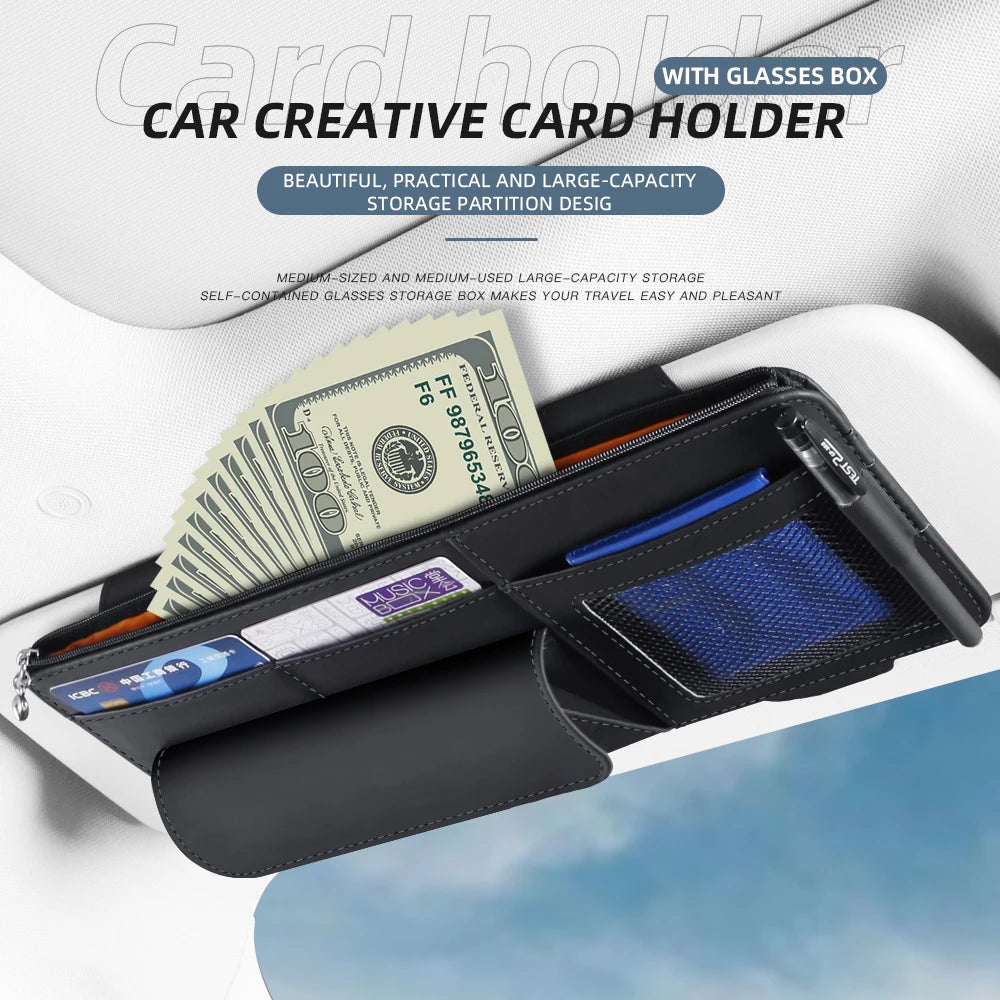 Car Sun Visor Organizer with Glasses Holder, Card & Pen Pockets – PU Leather Auto Interior Storage for Cars, SUVs & Trucks