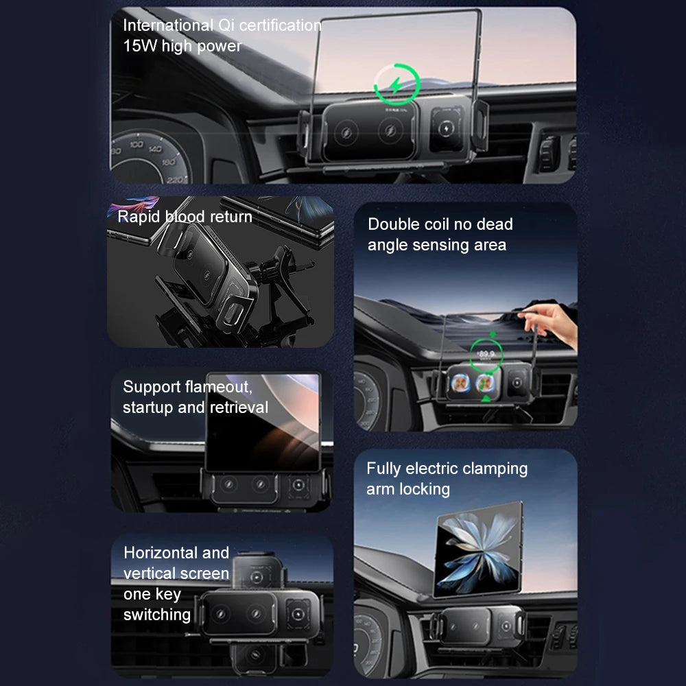 Car Wireless Charger Dual Coil Fold Screen Car Fast Charging Stand for Samsung Galaxy Z Fold 6 Flip 3 Air Vent Car Phone Holder
