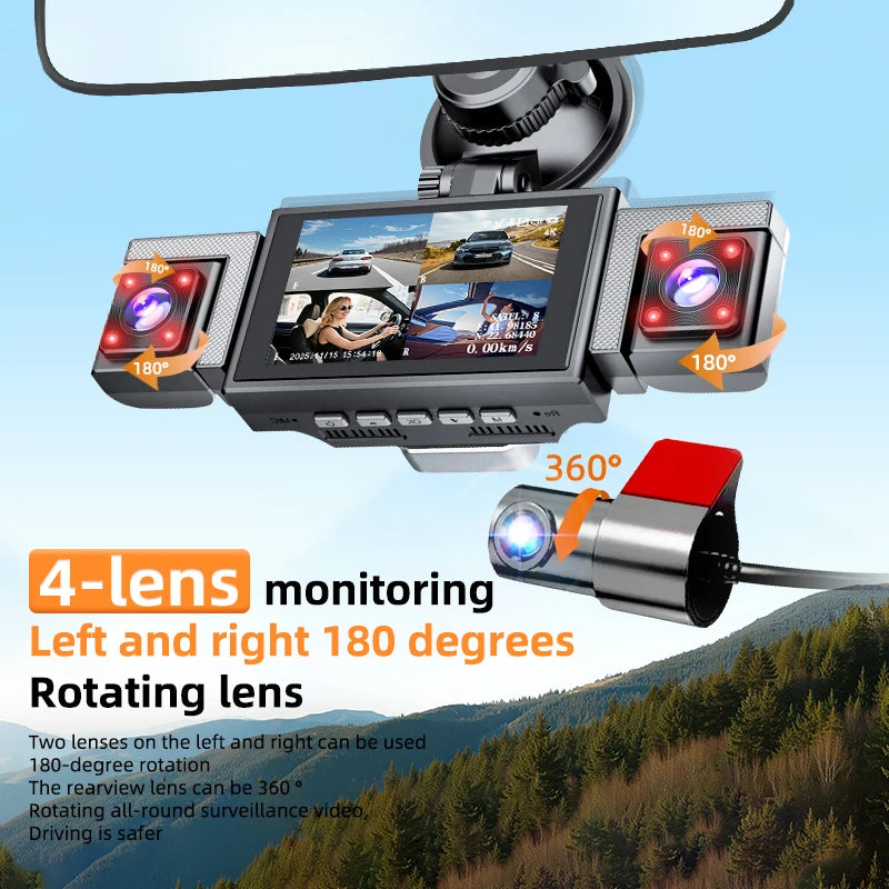 4K 360° Panoramic Dash Cam, 4-Channel Front/Rear/Left/Right Camera with 5.8GHz WiFi GPS, 3" IPS Screen, 64GB Card Included