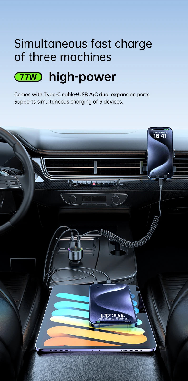USB C 77W  Car Charger Super Fast Charging Bluetooth 5.4 Car Adapter  FM Transmitter for Car Support USB Play