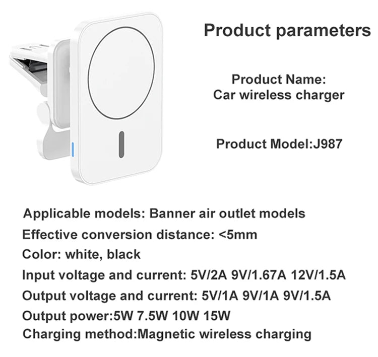 15W Fast Magnetic Wireless Charger Car Air Vent Phone Holder Mount Compatible Magnet Safe Case for iPhone 12 13 14 Pro Mini Max