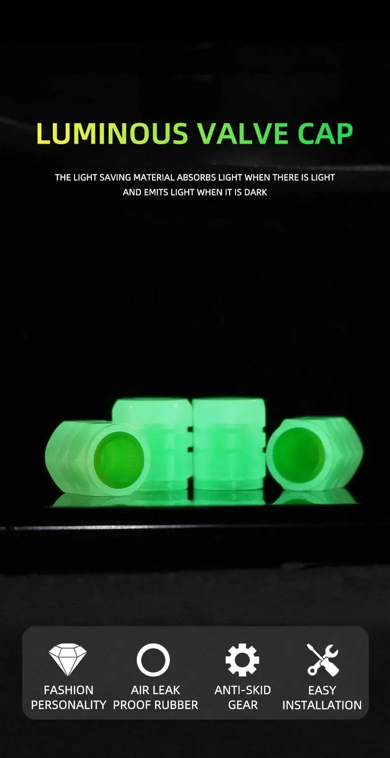 8PCS Luminous Valve Motorcycle Bicycle Bike Car Wheel Tyre Hub Cap Fluorescent Night GlowingLuminous Valve Stem Caps Decor