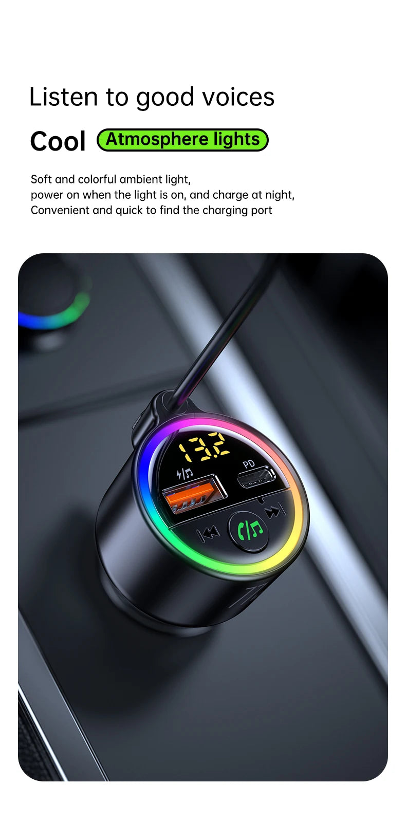 USB C 77W  Car Charger Super Fast Charging Bluetooth 5.4 Car Adapter  FM Transmitter for Car Support USB Play
