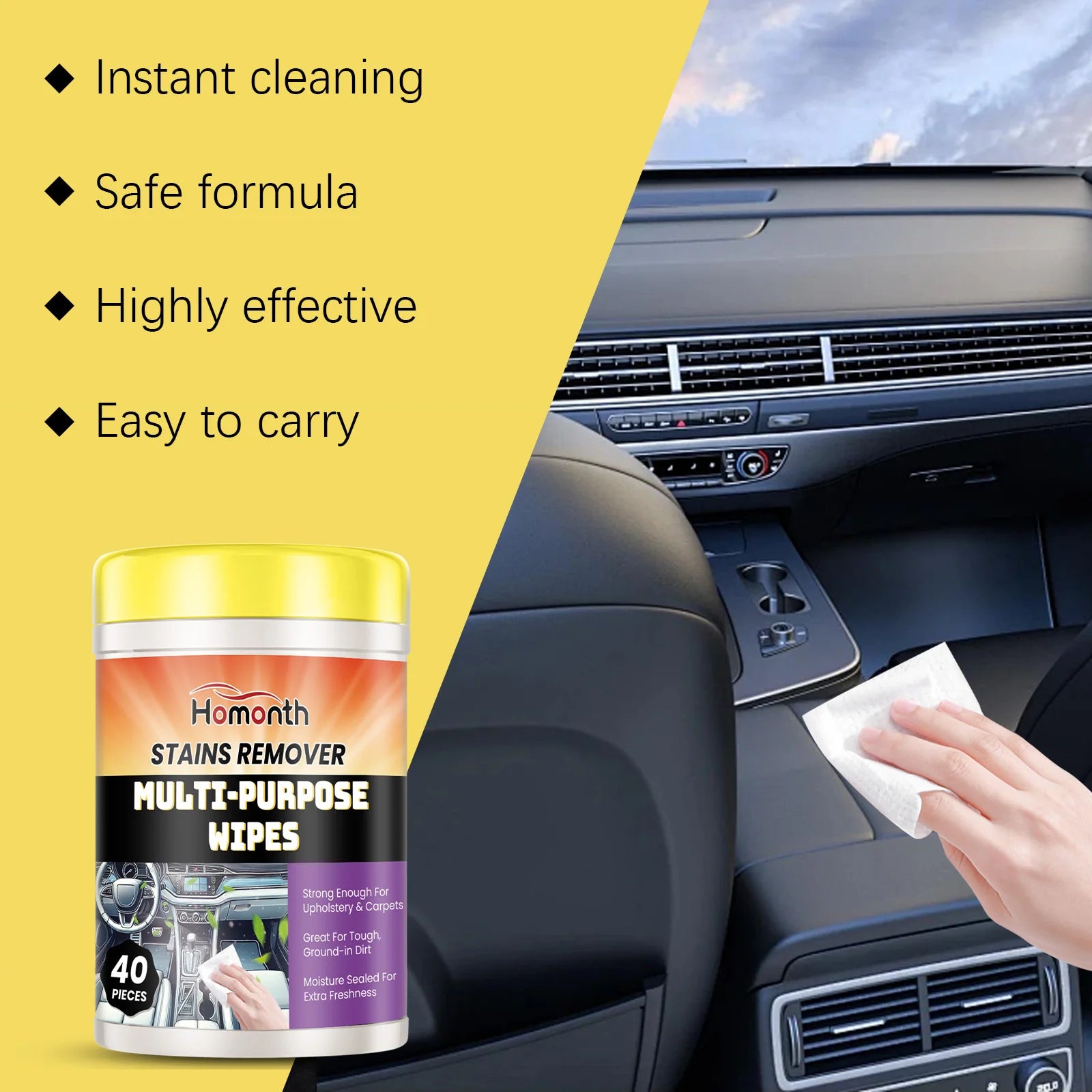 40PCS Car Interior Cleaning Wipes Multipurpose Wipes for Dashboard Leather Seats Screen Quick Cleaner Degreaser for Stains Dust