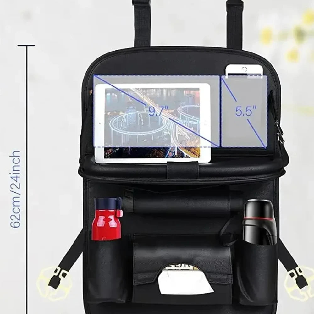 Car Seat Back Organizer with Foldable Table Tray PU Leather Storage Organizer Pockets Kick Mats Seat Interior Accessories