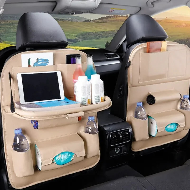 Car Seat Back Organizer with Foldable Table Tray PU Leather Storage Organizer Pockets Kick Mats Seat Interior Accessories