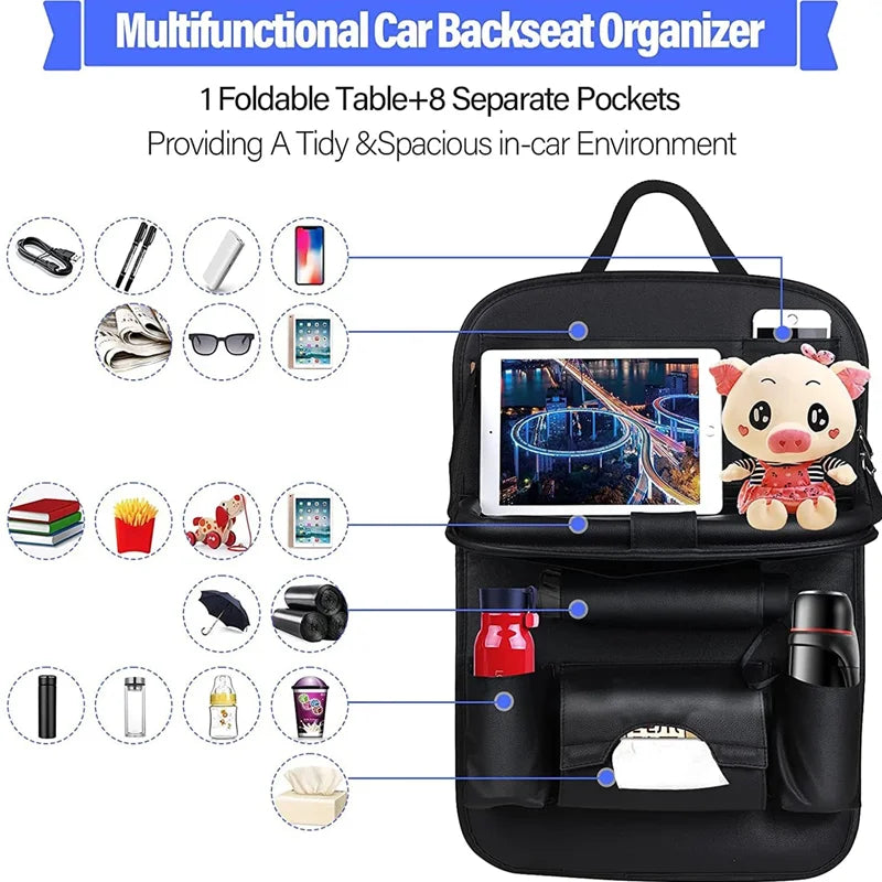 Car Seat Back Organizer with Foldable Table Tray PU Leather Storage Organizer Pockets Kick Mats Seat Interior Accessories