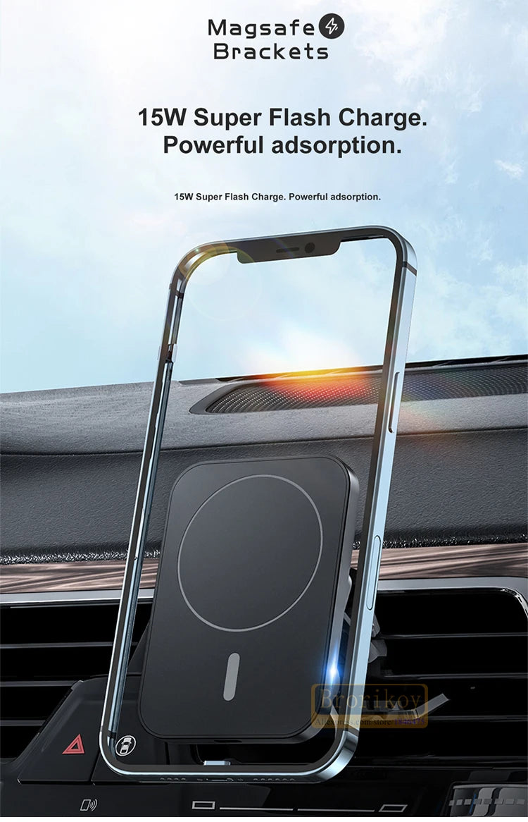 15W Fast Magnetic Wireless Charger Car Air Vent Phone Holder Mount Compatible Magnet Safe Case for iPhone 12 13 14 Pro Mini Max