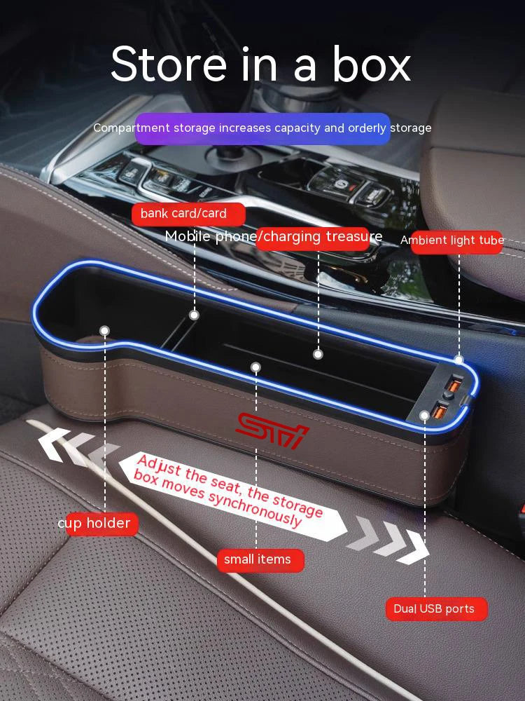 For Subaru STI Outback Brz Wrx Xv Ascent Forester Impreza Legacy Car Sewn Seat Gap Crevice Slot Storage Box light USB Charging