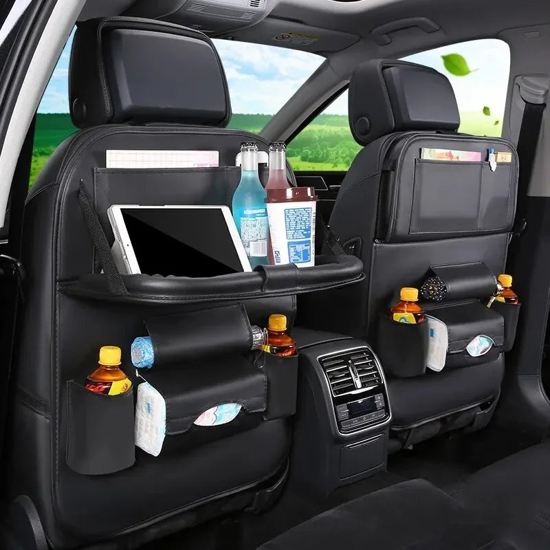 Car Seat Back Organizer with Foldable Table Tray PU Leather Storage Organizer Pockets Kick Mats Seat Interior Accessories