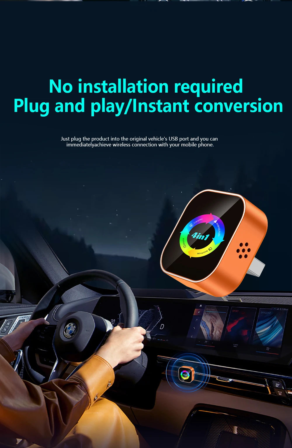 4-in-1 Wireless Carplay Adapter Android Auto Connect Airplay Mirror Link Screen Plug and Play Bluetooth for Apple and Android