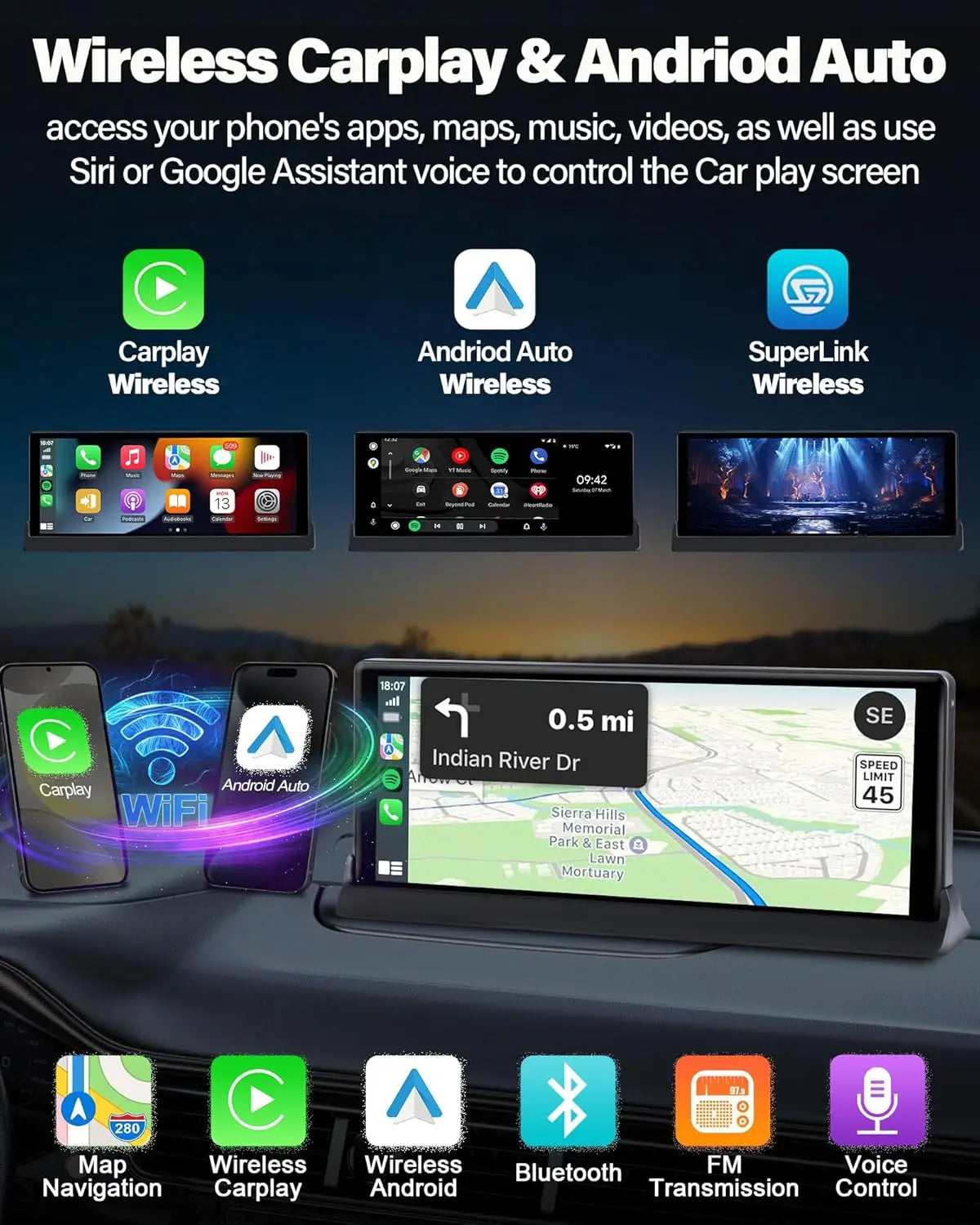 10.26" ADAS 4K Dash Cam Wireless CarPlay & Android Auto Screen for Car,360° Rotating Lens Car DVR,Navigation Dashboard Recorder