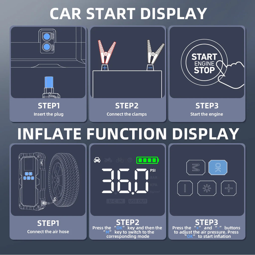 Car Jump Starter  Pump Air Compressor 26800mA/21800mAh Power Bank  Starting Device 12V Digital Tire Inflator