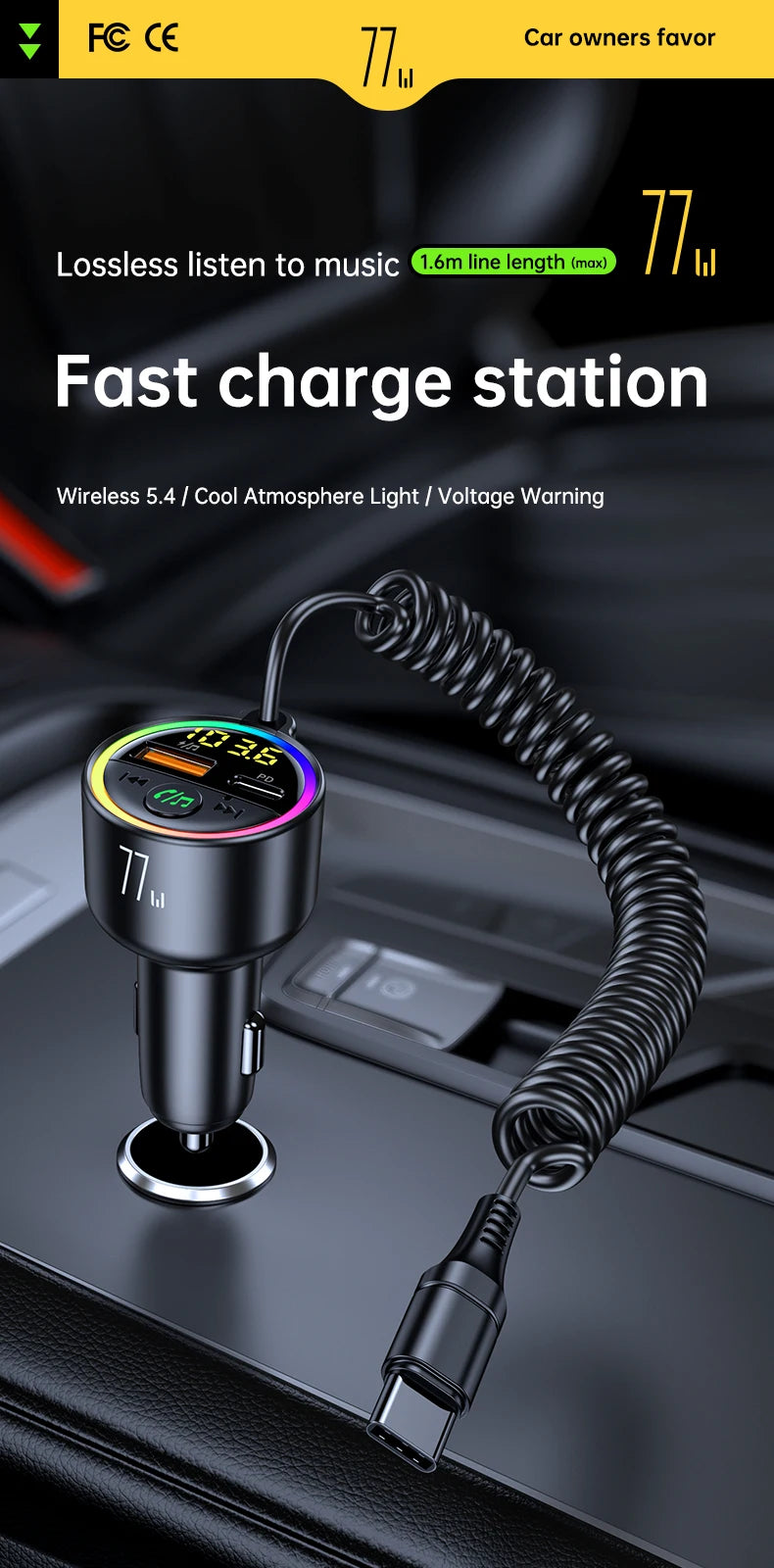USB C 77W  Car Charger Super Fast Charging Bluetooth 5.4 Car Adapter  FM Transmitter for Car Support USB Play