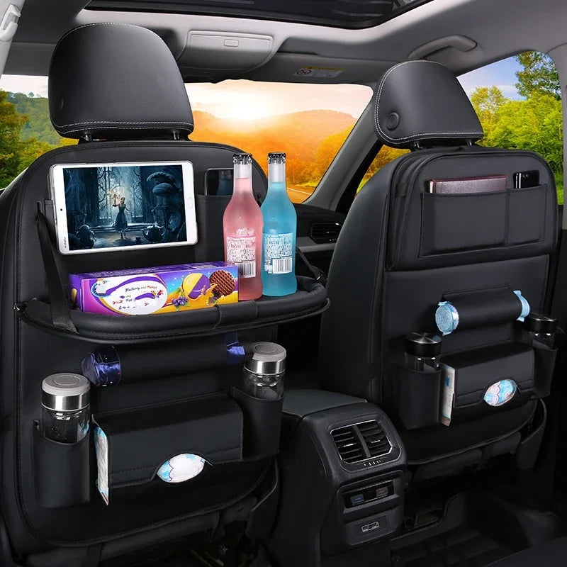 Car Seat Back Organizer with Foldable Table Tray PU Leather Storage Organizer Pockets Kick Mats Seat Interior Accessories